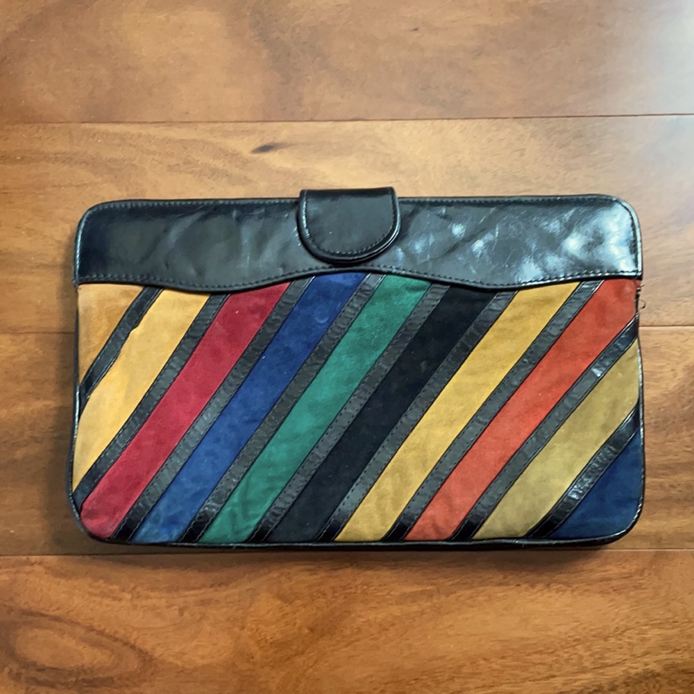 Vintage multicolor suede and leather clutch.